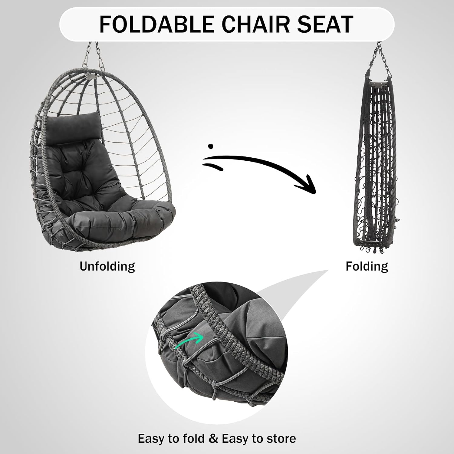 Hanging Egg Chair with Stand, Outdoor Indoor Rattan Wicker Swing Chair, Foldable Patio Hammock with Cushion, Dark Grey, 350 LBS Capacity (Dark Grey)