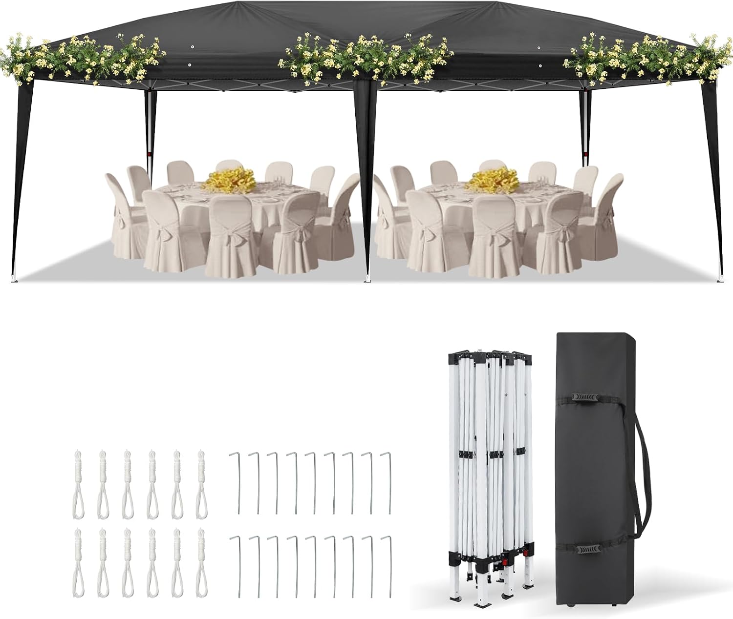 VINGLI 10'x20' Pop Up Canopy Tent with Carry Bag, Portable Instant Party Tent Waterproof Outdoor Canopy for Outdoor Events, Party, Wedding (Black)