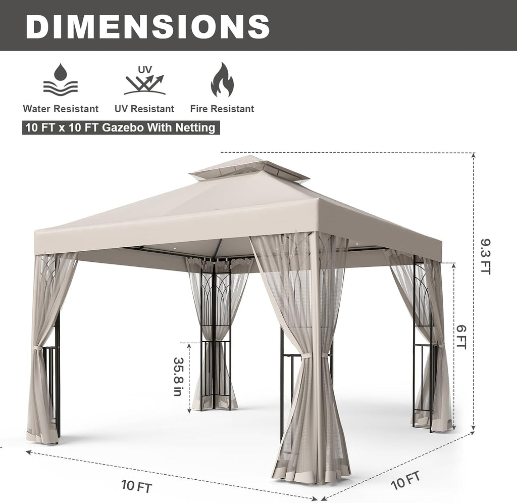 10x10 Outdoor Gazebo Tent with Netting and Corner Shelves, Double Roof Patio Gazebo with Soft Fabric Top, Outdoor Pavilion for Backyard Patio Garden Lawn, Beige
