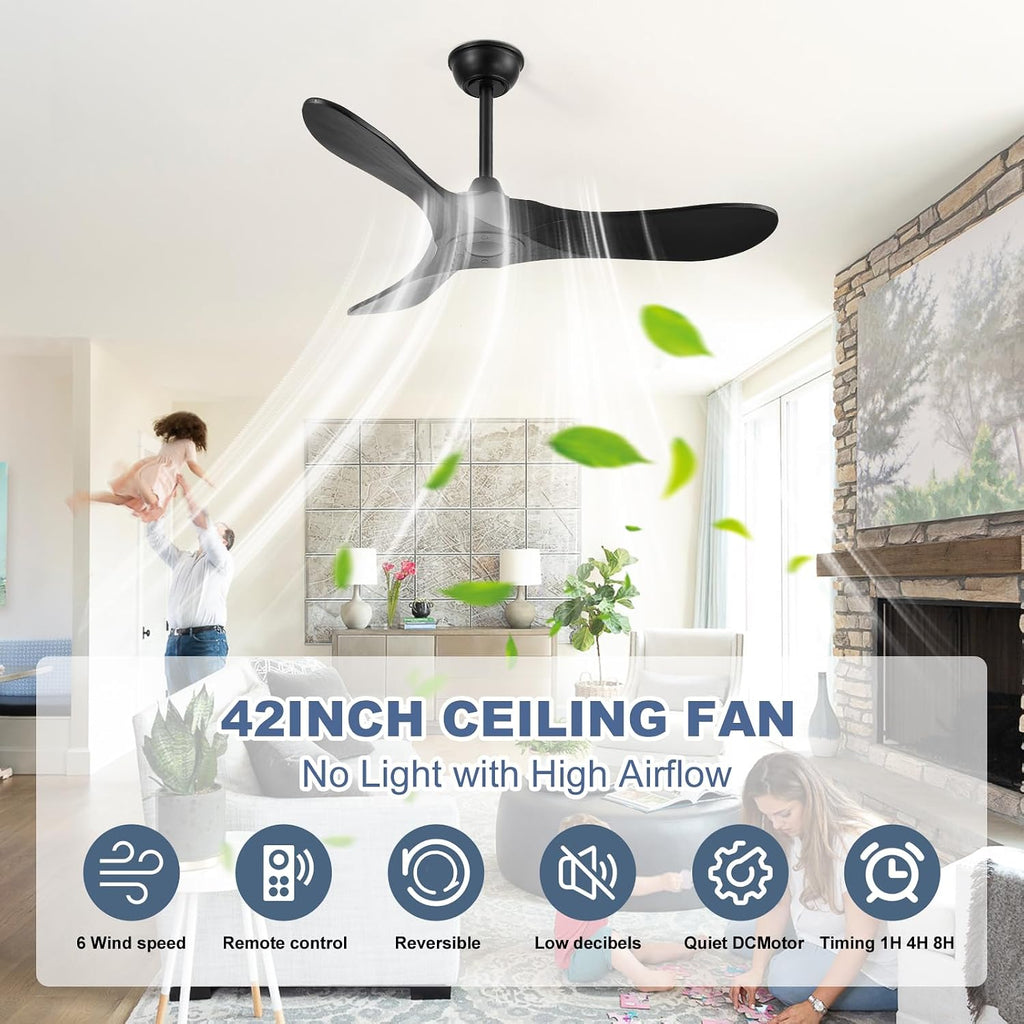 42'' Ceiling Fan no Light,Outdoor Ceiling Fan with Remote Control,3 Solid Wood Blades with Large Airflow for Bedroom,Living Room,Garage(black)