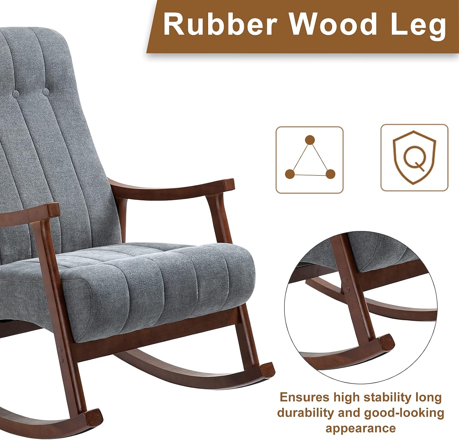 AVAWING Upholstered Rocking Chair with Fabric Padded Seat, Comfortable Rocker Solid Wood for Living Room, Modern High Back Armchair for Adult, Dark Grey