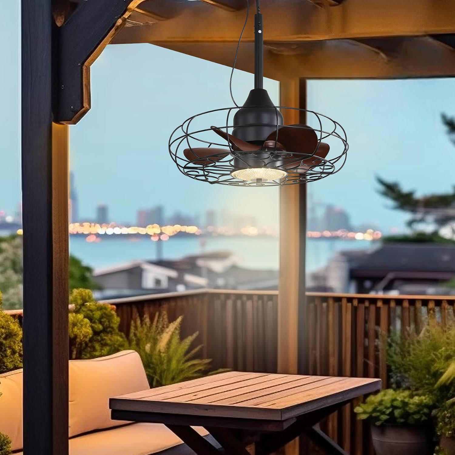 Gazabo Fan Outdoor Ceiling Fans for patios 21'' Outdoor Hanging Fan for Gazebo, Plug in Caged Lighting for Pergola Canopy,Hanging with Hook, Remote with 3 Color LED Gazabo Lights, IP44 Waterproof