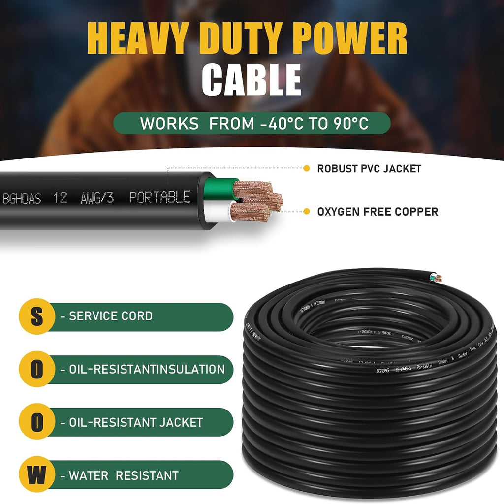 150ft 12/3 12 AWG Portable Power Cable (3 Conductor) - SOOW 600V 12 Gauge Electric Wire for Generator, Portable Lights, RV/EV Car Battery Chargers and Machinery - 150 Feet Electrical Cord