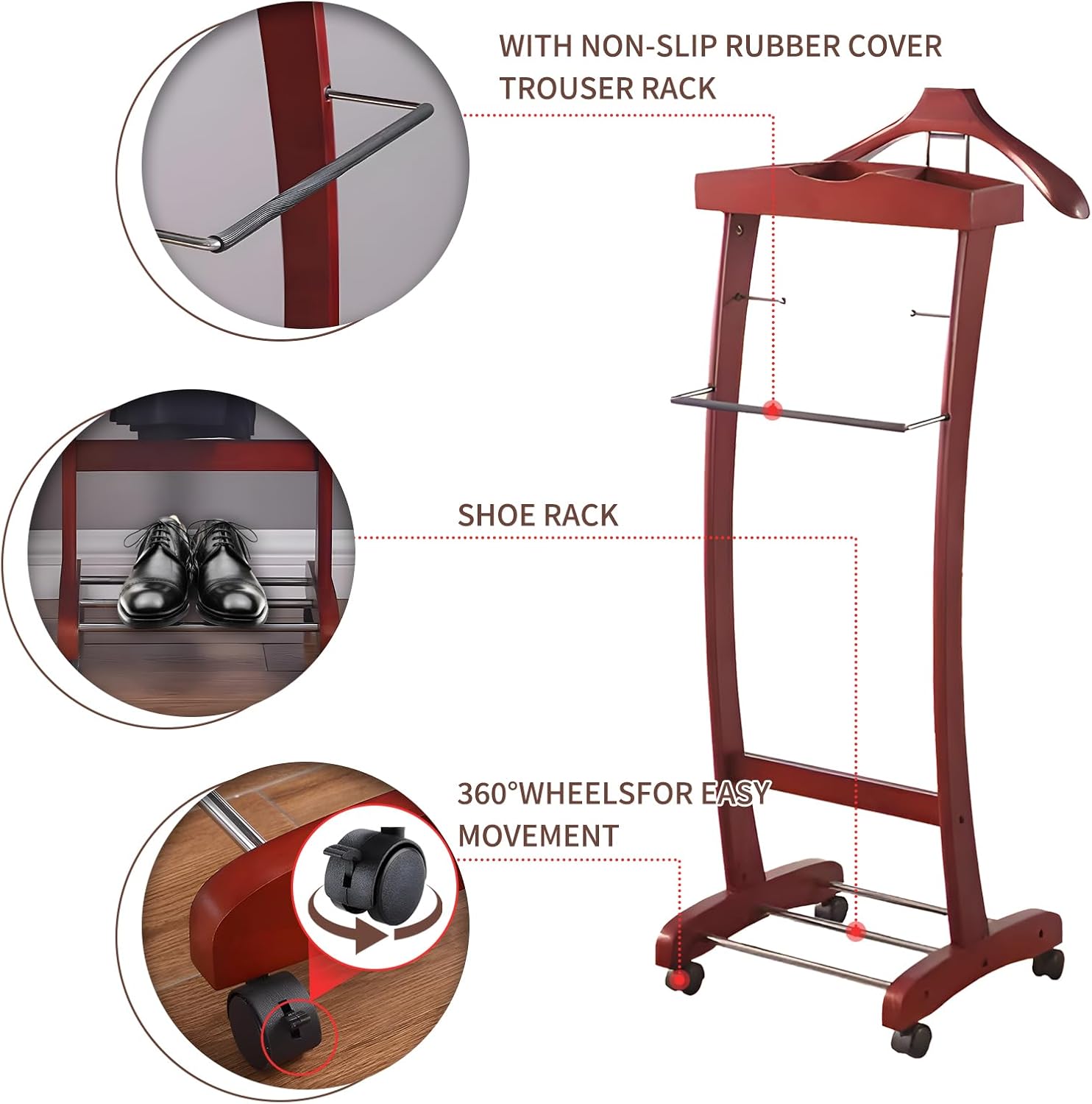Wooden Suit Valet Stand, with Wheels mobile Floor Standing Suit Coat Stand With Contour Hanger Trouser Bar And Top Storage Tray, Freestanding Valet Stand for Men Women Office Living Room Wine red