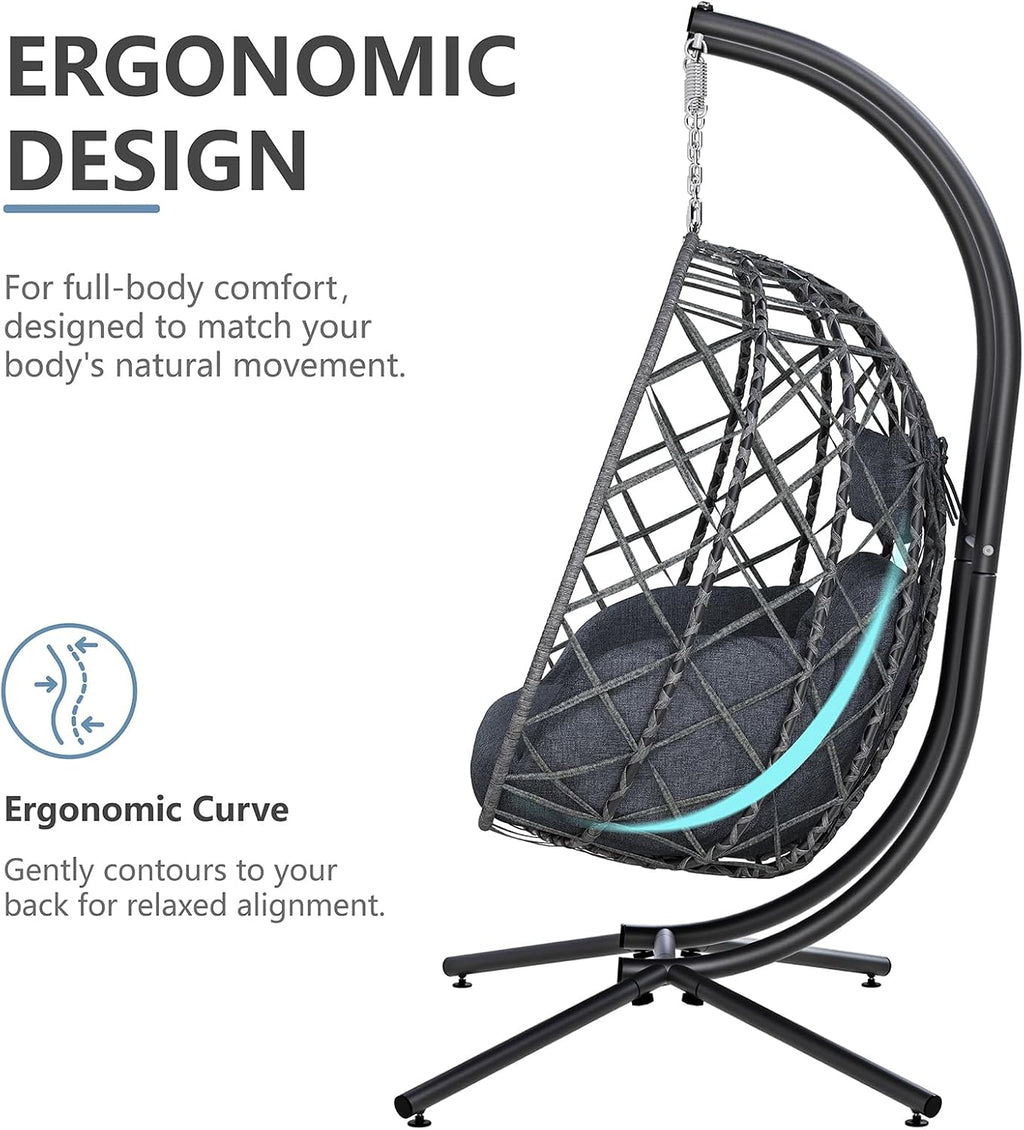 SWITTE Double Egg Swing Chair with Stand, 2 Person Outdoor Indoor Hammock Hanging Chair with Cushion for Patio Living Room 650 LBS Capacity-Dark Grey