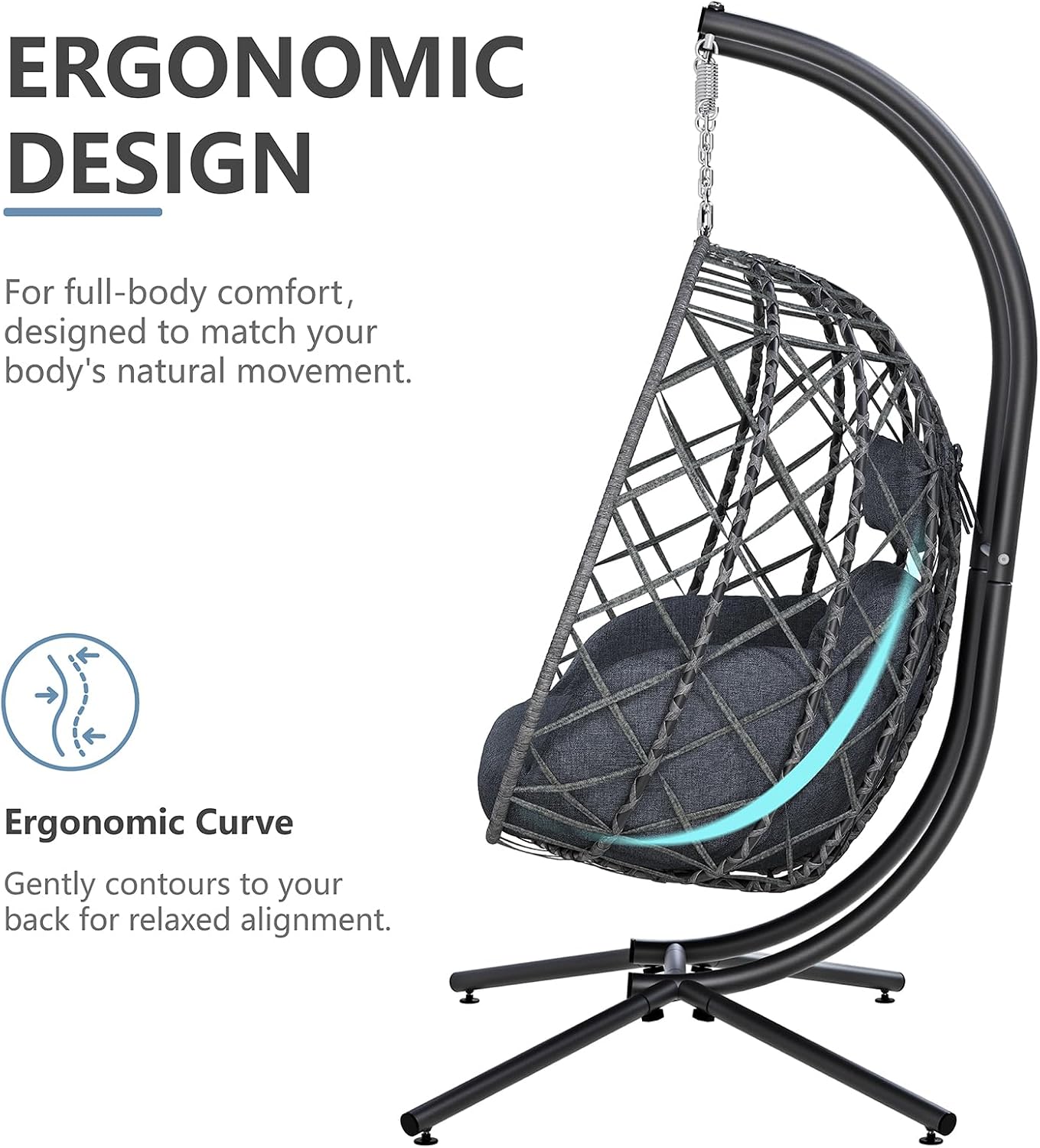 SWITTE Double Egg Swing Chair with Stand, 2 Person Outdoor Indoor Hammock Hanging Chair with Cushion for Patio Living Room 650 LBS Capacity-Dark Grey
