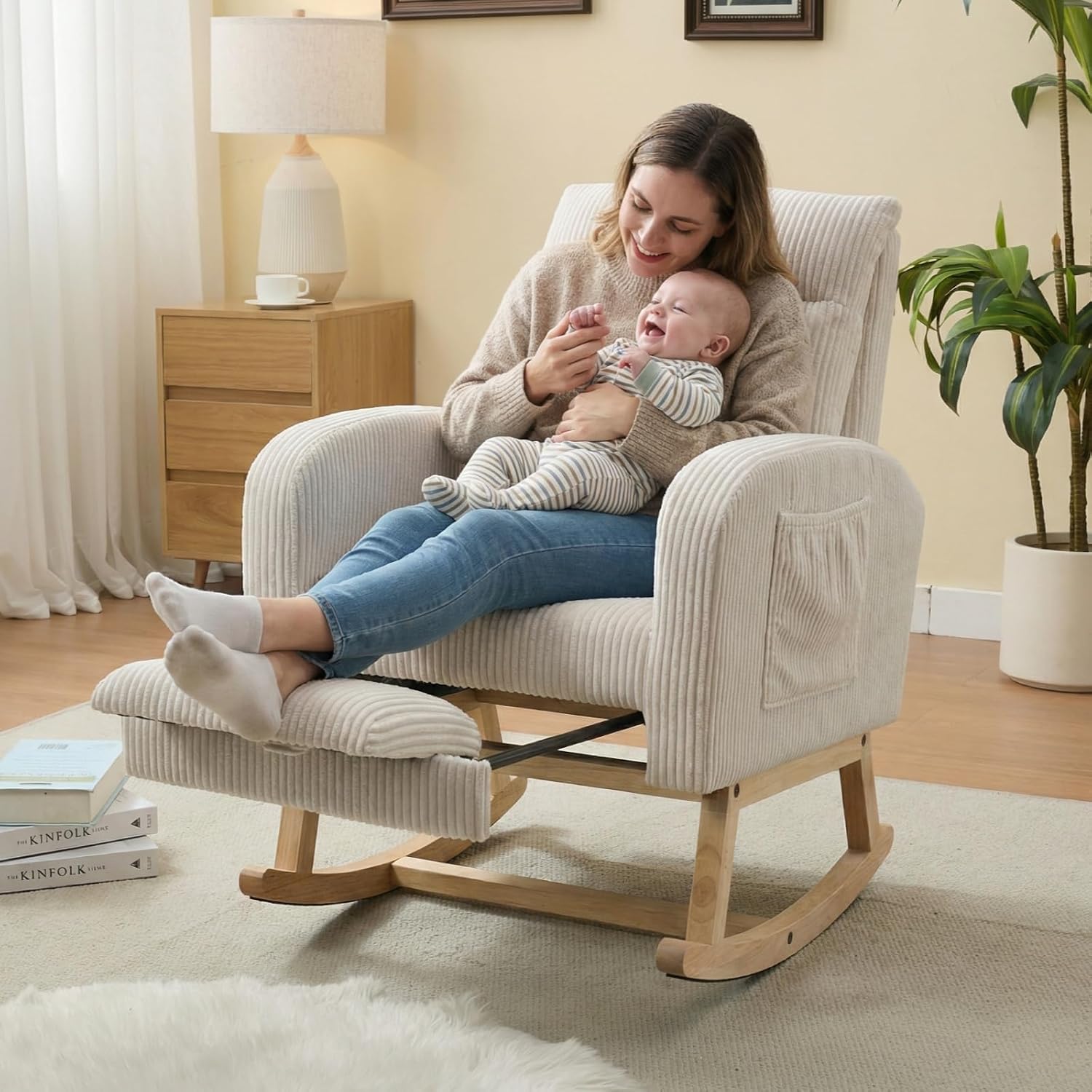 NIOIIKIT Nursery Rocking Chair, Corduroy Upholstered Rocking Chair with Adjustable Footrest, Tufted Rocker Chair with Side Pocket, Glider Rocker for Living Room (Cream Casual)