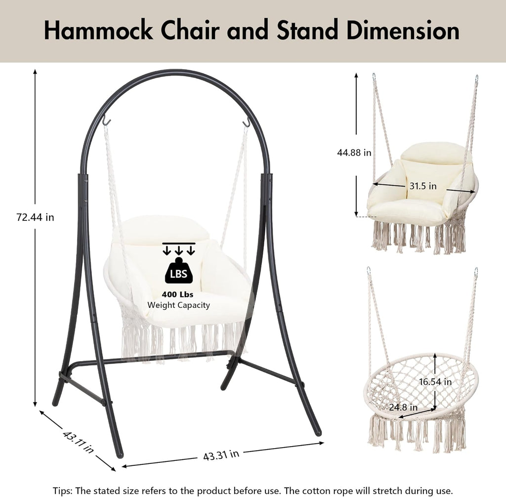 ANOW Macrame Hammock Chair with Stand, Heavy Duty Hanging Chair Stand with Swing Chair, Includes Luxury Padded Cushion, Max 400 Lbs, Natural