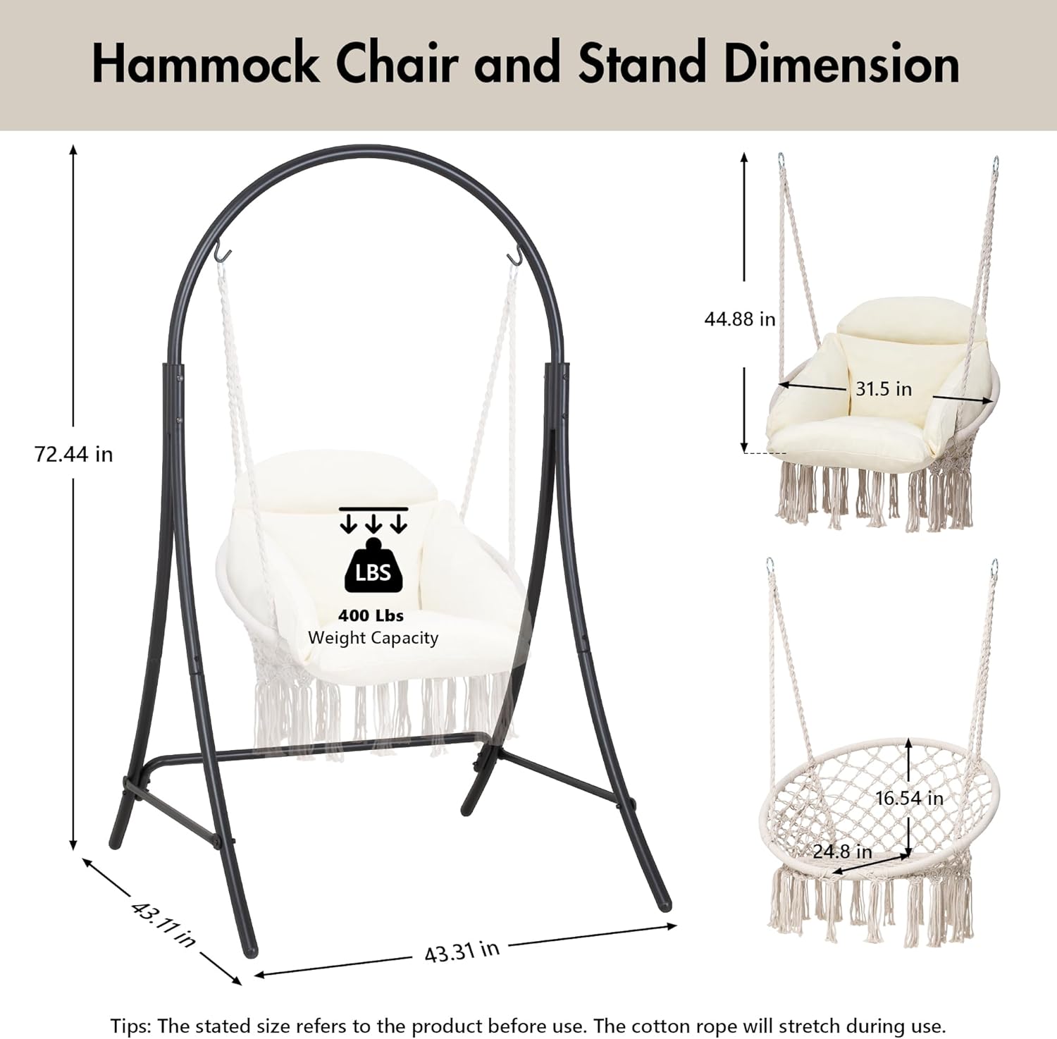 ANOW Macrame Hammock Chair with Stand, Heavy Duty Hanging Chair Stand with Swing Chair, Includes Luxury Padded Cushion, Max 400 Lbs, Natural