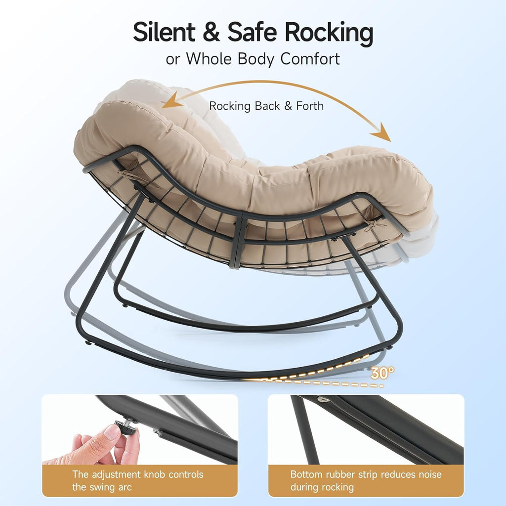 Papasan Rocking Chair Indoor, Oversized Rocking Chair with Thickened Cushion, 450 lbs Large Comfy Egg Chair Indoor,Cozy Lounge Reading Glider Chair for Bedroom, Beige