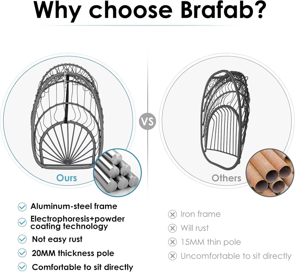 Brafab Wicker Rattan Hammock Egg Swing Chair with Hanging Chain, Aluminum Frame and UV Resistant Cushion, Indoor Outdoor Bedroom Patio Porch Foldable Camping Chair (Without Stand)