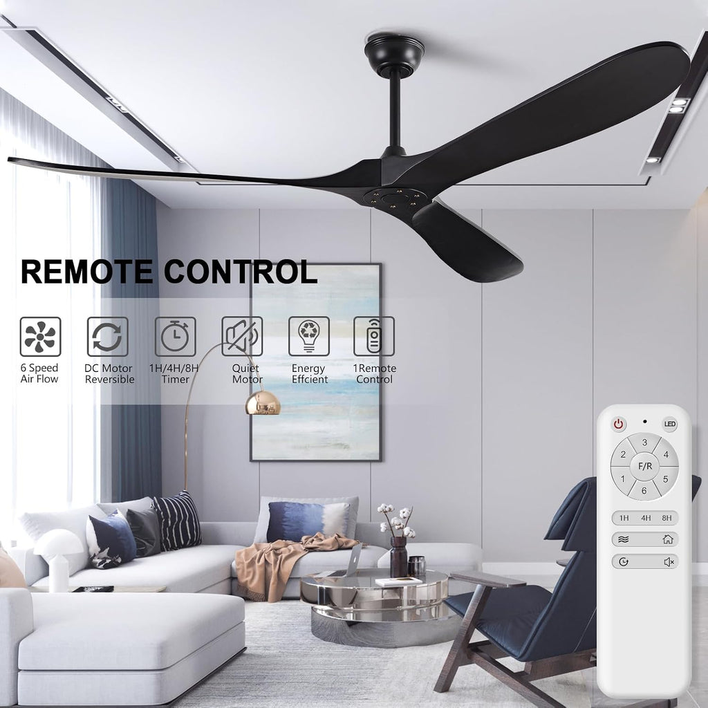 72' Ceiling Fans without Lights, Solid Wood Ceiling Fan No Light with Remote Control Smart and Unique Modern Fan with 3 Blades, DC Motor Indoor Outdoor for Farmhouse and Gazebo, Matte Black