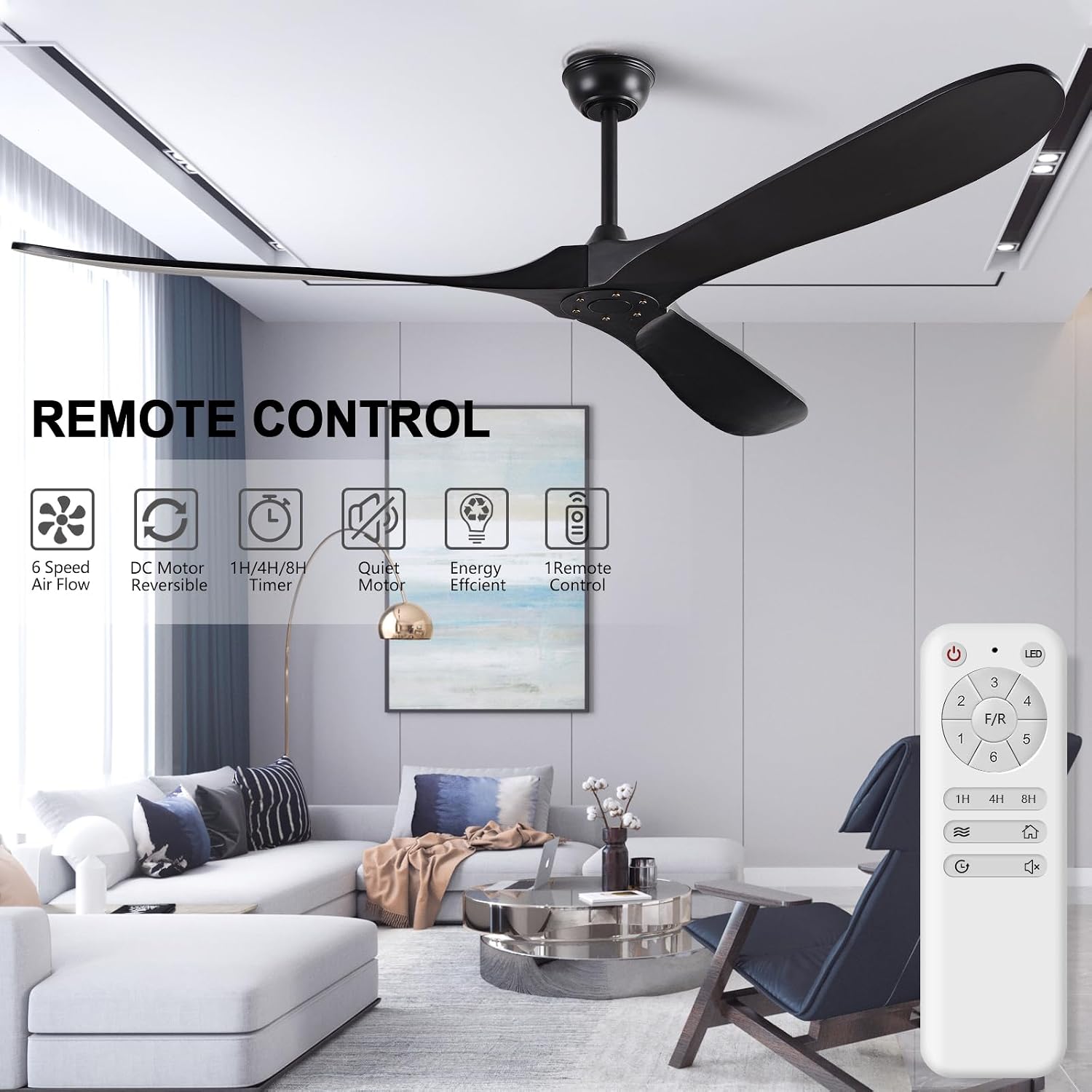 72' Ceiling Fans without Lights, Solid Wood Ceiling Fan No Light with Remote Control Smart and Unique Modern Fan with 3 Blades, DC Motor Indoor Outdoor for Farmhouse and Gazebo, Matte Black