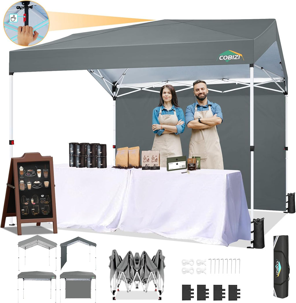 COBIZI Canopy Tent 10x10 Pop Up Outdoor Canopies with 4 Sidewalls Waterproof Commercial Instant Gazebo Tents for Party Patio Backyard with 4 Sandbags, 4 Stakes & 8 Ropes, Gray