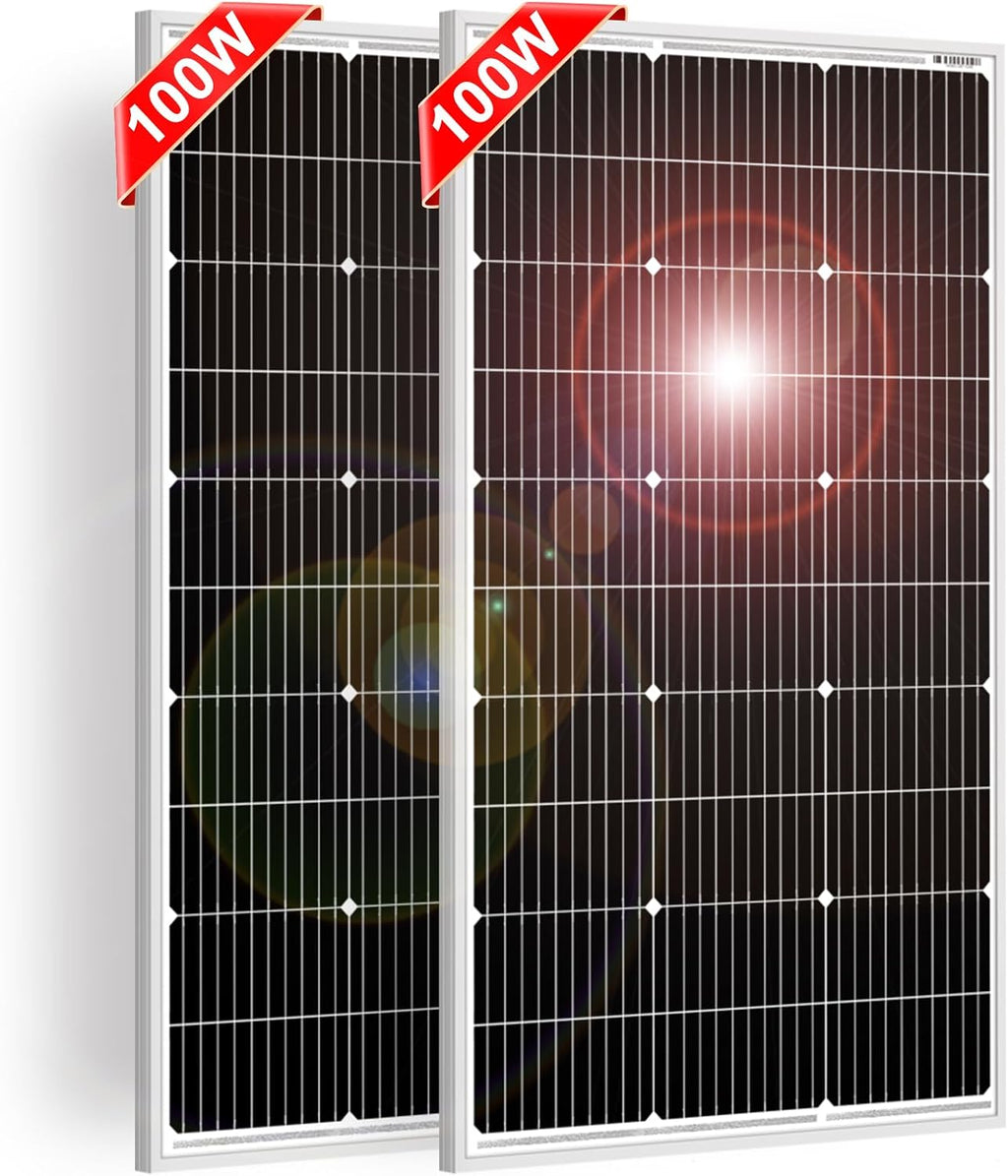 DOKIO 100W 18V Solar Panel 2-Pack for 12V Battery Charging, Monocrystalline Glass Modules with Aluminum Frame, MC4, Pre-Drilled Holes, Series/Parallel for RV, Boat, Roof, Off-Grid Systems