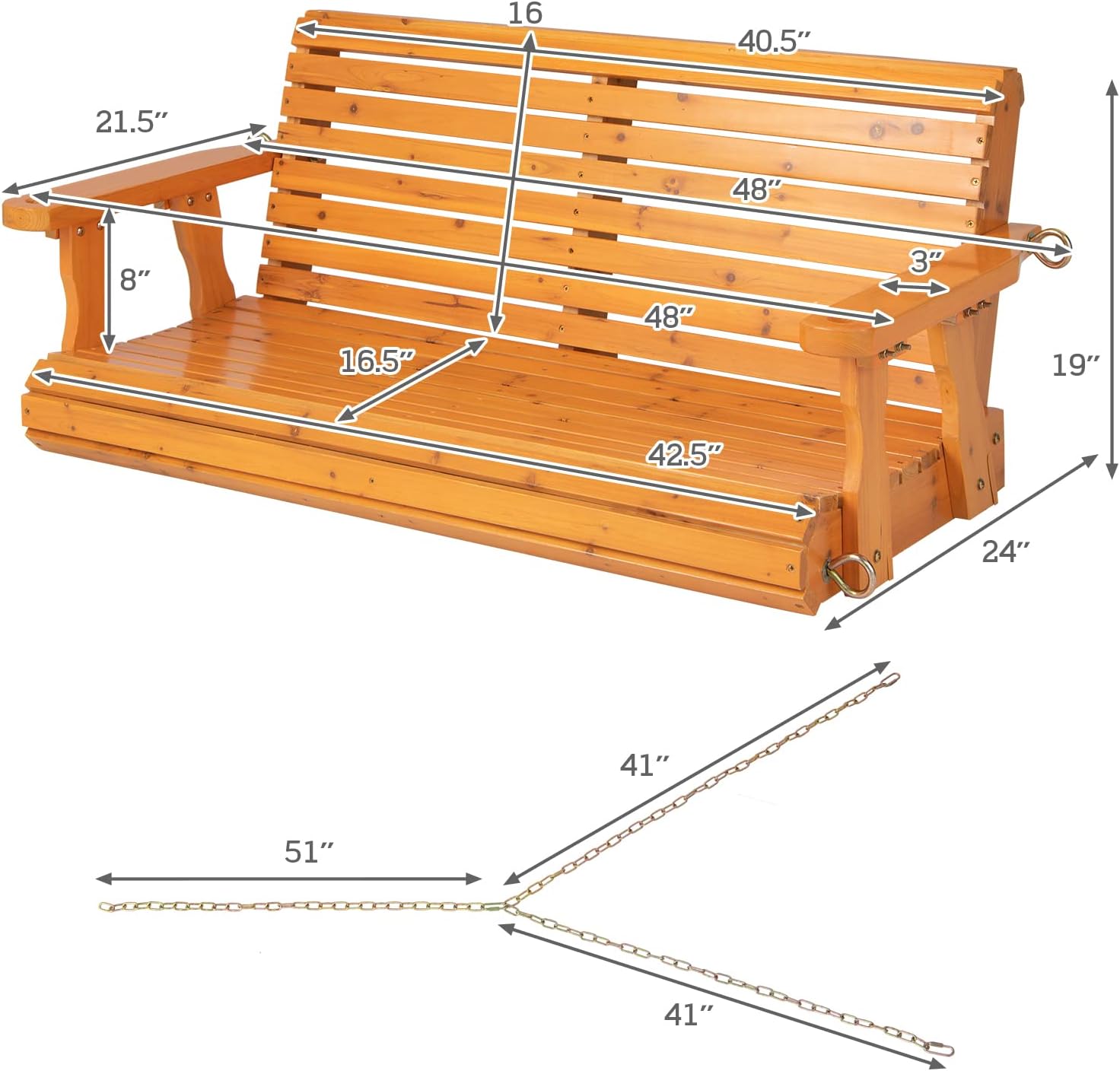 Giantex Wooden Porch Swing 2 Seat - Outdoor Swinging Chairs with Hanging Chains, 600 lbs Weight Capacity, 4 FT Finished Fir Wood Bench Swing for Patio, Outside, Garden, Lawn, Backyard (Orange)