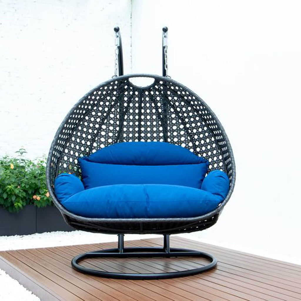 LeisureMod 2 Person Wicker Hanging Egg Chair with Stand & UV-Resistant Cushions for Indoor/Outdoor, Patio, Lounge, Hammock Seat, Blue