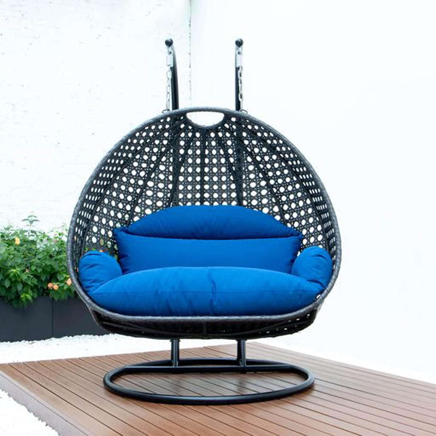 LeisureMod 2 Person Wicker Hanging Egg Chair with Stand & UV-Resistant Cushions for Indoor/Outdoor, Patio, Lounge, Hammock Seat, Blue