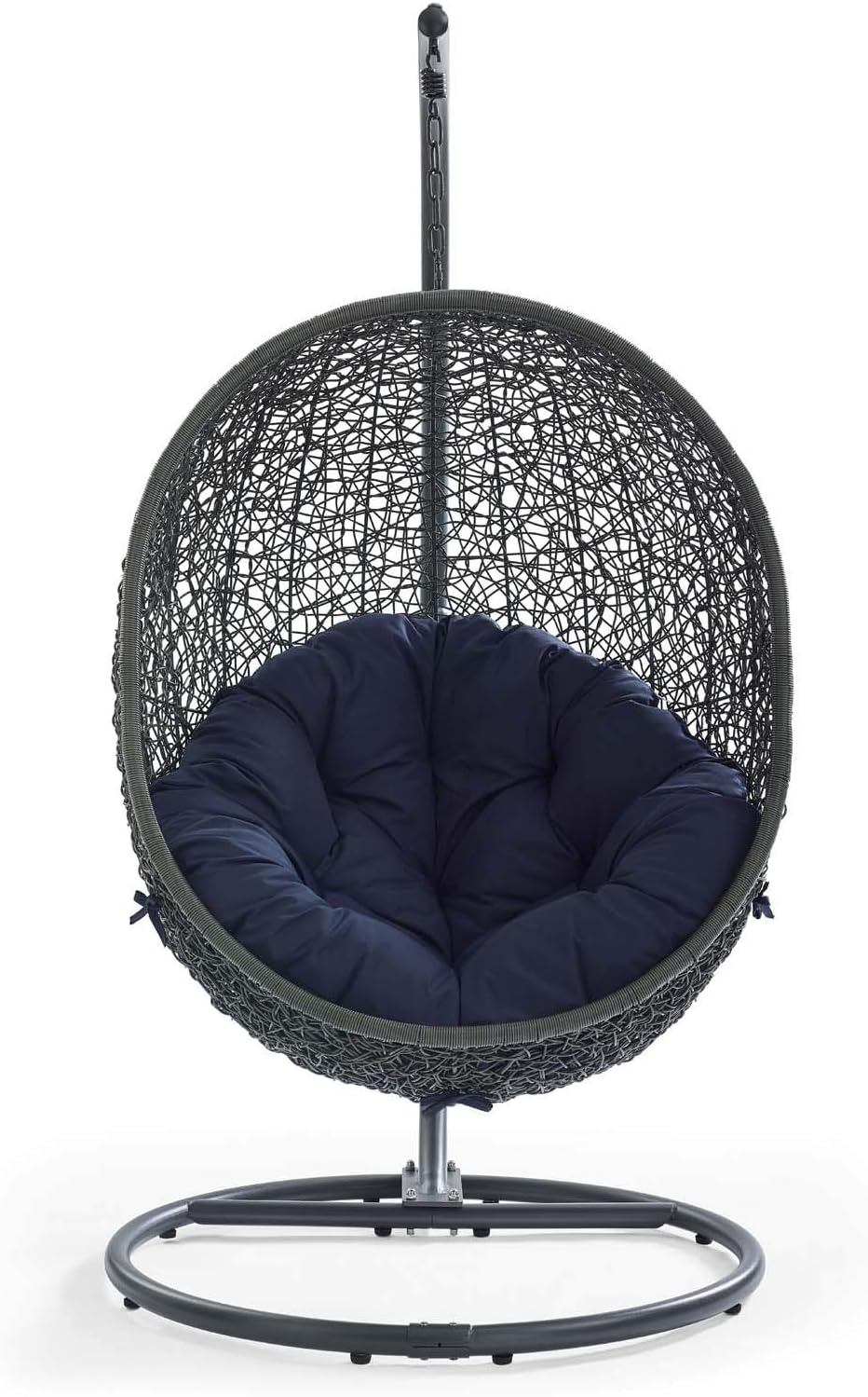 Modway Hide Wicker Rattan Outdoor Patio Porch Lounge Egg Swing Chair Set with Stand in Gray Navy