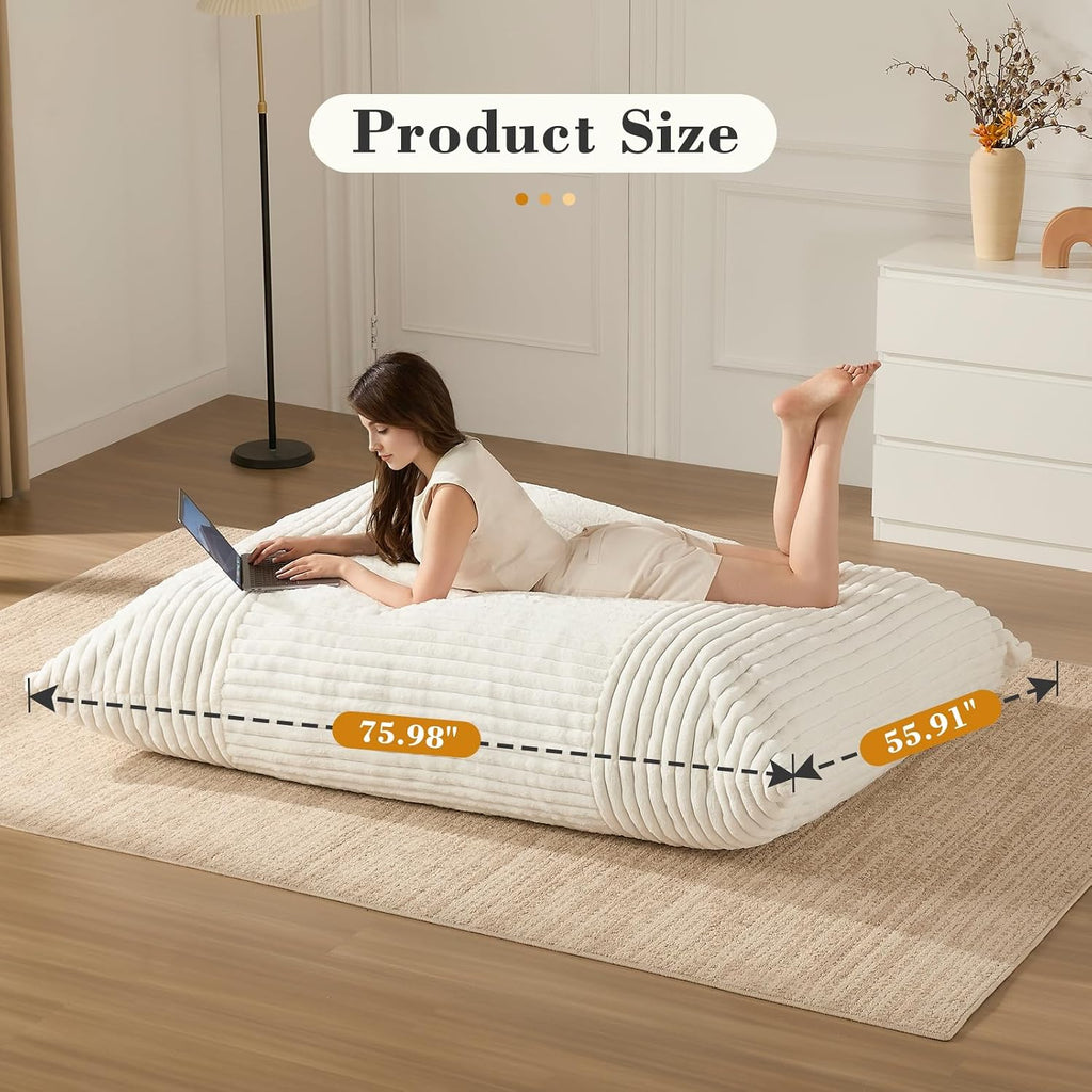3-in-1 Giant Bean Bag Chair for Adults & Kids, Convertible Floor Sofa to Mattress, High-Density Foam Chair Bed with Washable Cover, Multi Functional Lounge Couch for Bedroom, Living Room (Beige)