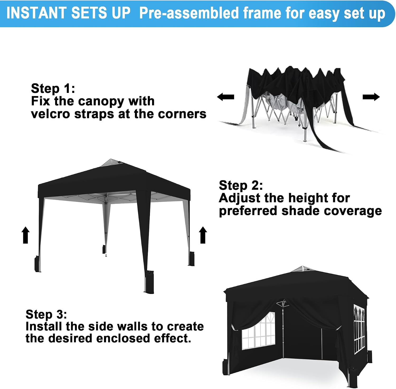 SANWAY 10x10 Pop Up Canopy Tent with Sidewalls x 4 – Easy Setup Canopy Tent, Waterproof, UV-Resistant, Portable with Carry Bag for Outdoor Events, Camping, and Backyard Parties – Black