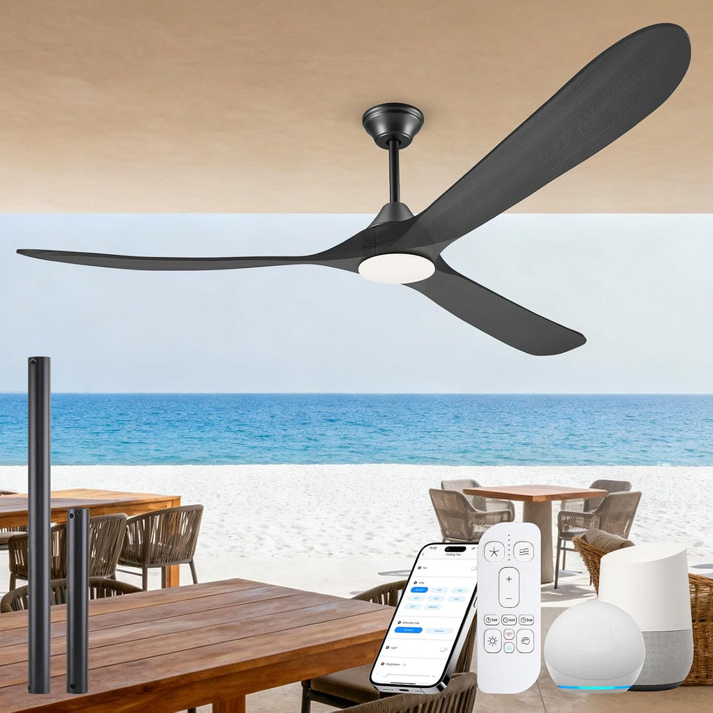 82' Large Indoor Outdoor Ceiling Fan with Light - Remote/App/Alexa Control, 3 Wood Blade, High CFM Quiet Energy Efficient Reversible, Damp-rated for Patios Porch Garage Shop, Modern Black Industrial