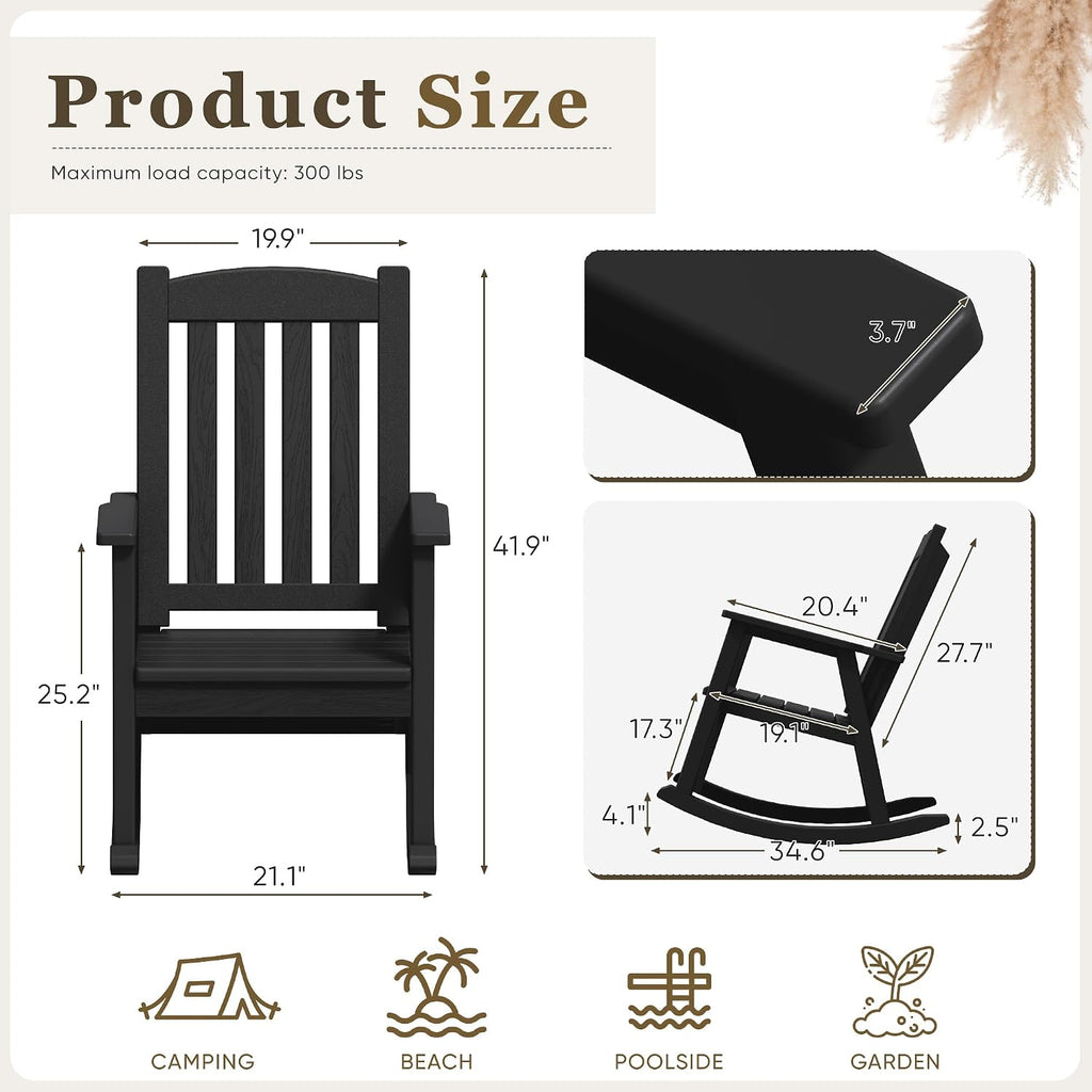 Greesum Set of 2 Outdoor Rocking Chair, 300lbs All-Weather Patio Rocker, Rust-Proof & UV-Resistant, Comfortable Smooth Glide for Deck, Porch, Lawn, or Garden, Black