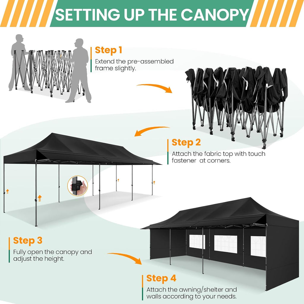COBIZI 10x30 Pop Up Canopy Tent with Awning & Sidewalls, Heavy Duty Commercial 10X30 Canopy Tents Instant Waterproof, UPF 50+ Sun Shade for Outdoor, Parties, Markets (Black)
