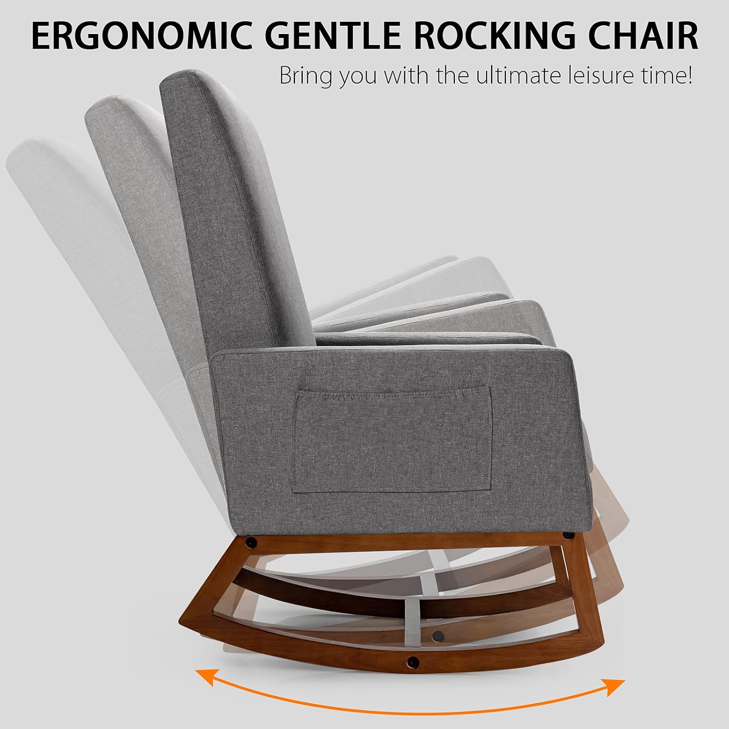 Giantex Upholstered Rocking Chair, Modern Fabric Armchair w/Wood Base, Side Pocket, Linen Padded Seat, High Back Accent Glider Rocker Chair, Mid-Century Leisure Chair for Nursery, Living Room (Gray)