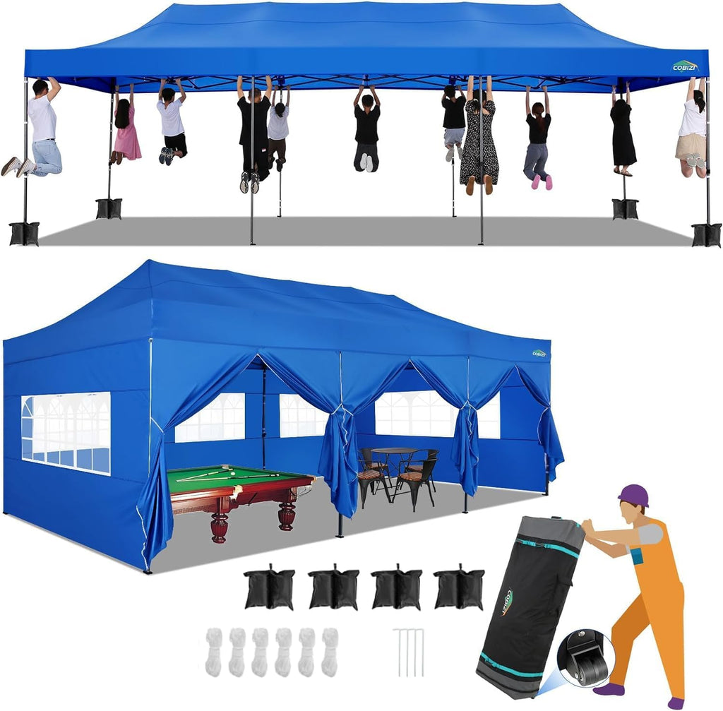 COBIZI 10x30 Pop up Canopy with 8 Removeable Sidewalls, Heavy Duty Party Tents for Parties, Events and Weddings, UPF 50+ Waterproof Commercial Tent with Roller Bag, Blue (Windproof Upgraded)