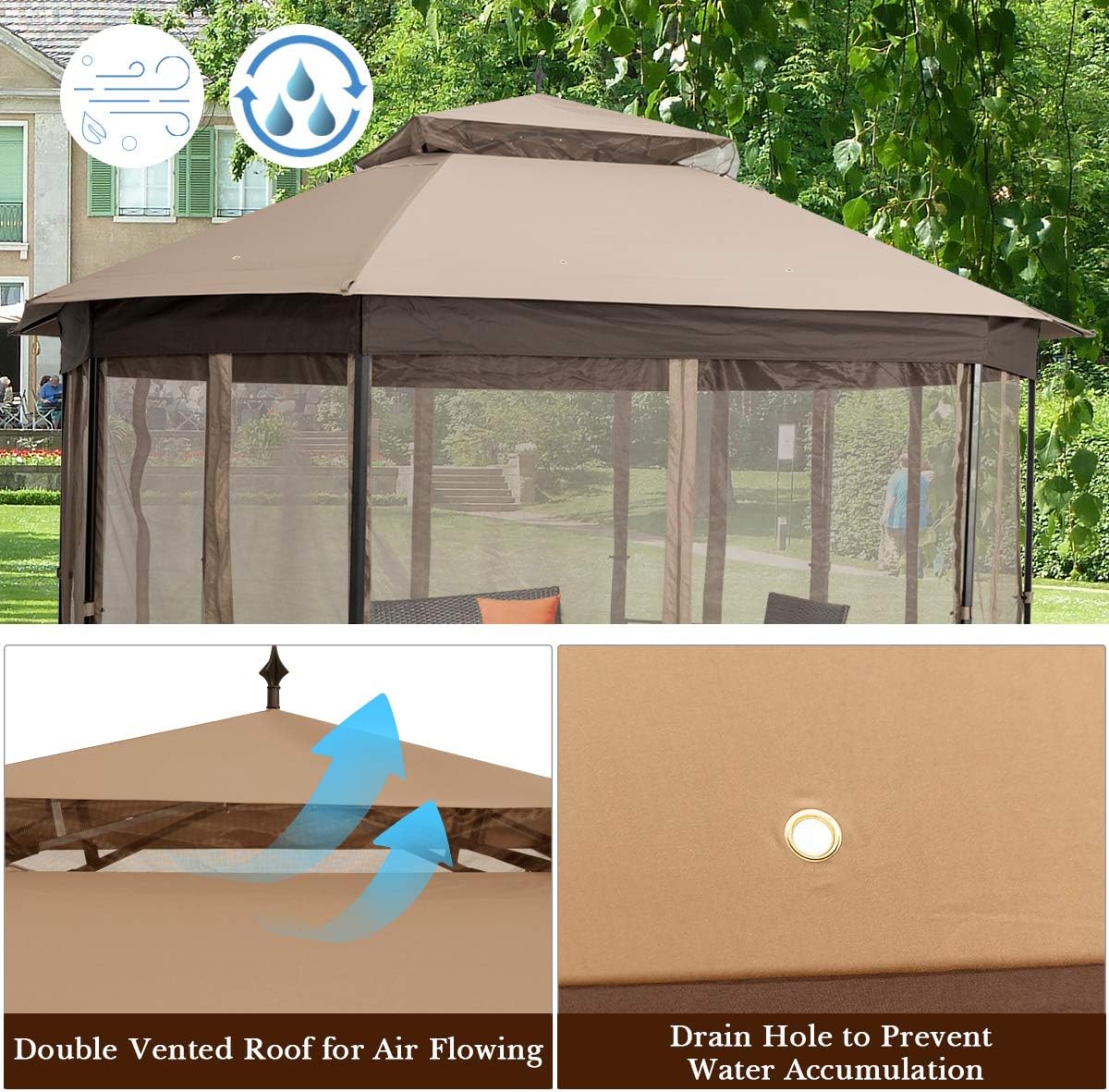 Tangkula 10 x 12 Ft Patio Gazebo, Heavy Duty Octagonal Canopy with Netting Sidewalls & Sturdy Steel Frame, Double Roof Vented Shelter for Backyard Event Party BBQ (Brown)