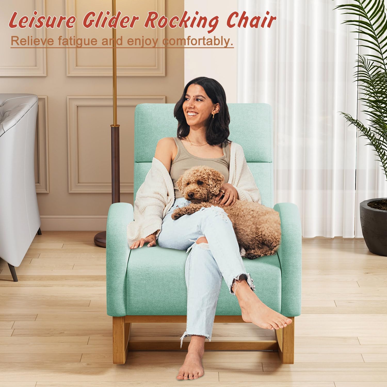 Gaussen Glider Rocking Chair Nursery Comfy Accent Chair with High Backrest Upholstered Living Room Chairs with Side Pocket Armchair Reading Chair for Bedroom Nursery Office, Green