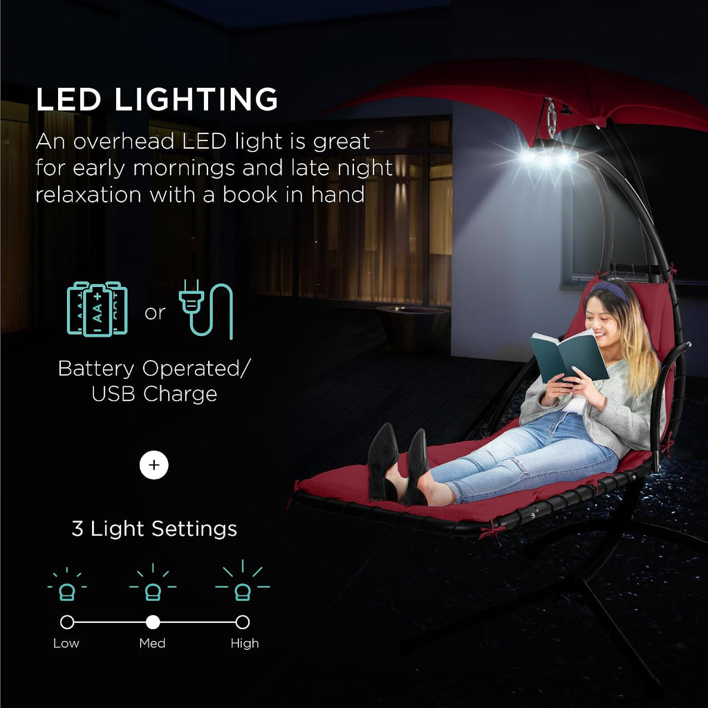 Best Choice Products Hanging LED-Lit Curved Chaise Lounge Chair Swing for Backyard, Patio, Lawn w/ 3 Light Settings, Weather-Resistant Pillow, Removable Canopy Shade, Steel Stand - Burgundy