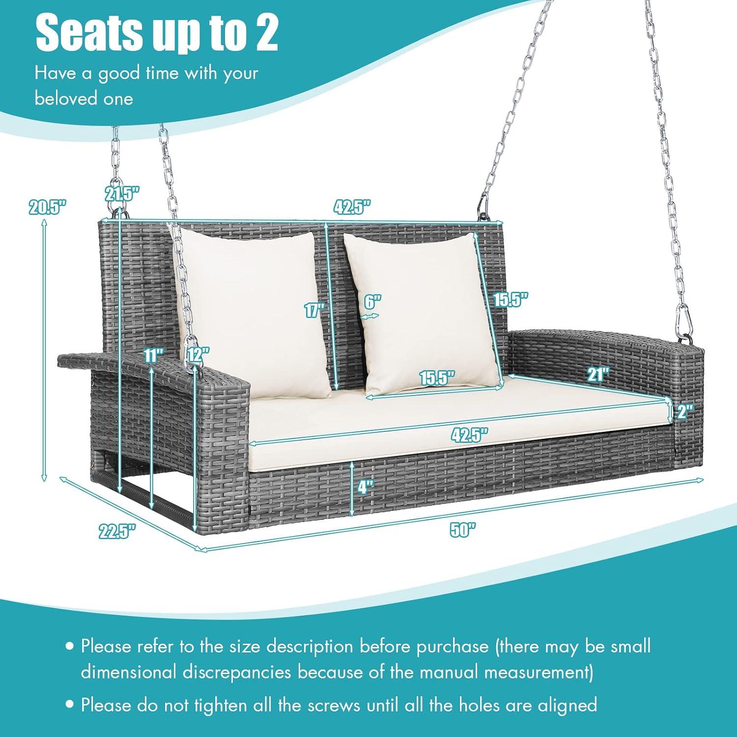RELAX4LIFE 2-Person Porch Swing Bench - PE Rattan Outdoor Swing Chair with Comfortable Seat & Back Cushions, Rustproof Metal Chains, Patio Loveseat Swing for Balcony, Garden, Yard, 800 LBS (Off White)