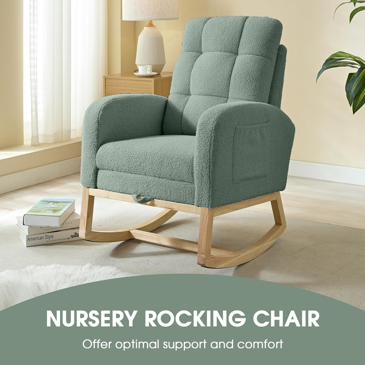 NIOIIKIT Modern Nursery Rocking Chair, Teddy Upholstered Rocking Chair with Footrest, Comfortable Rocker Chair with Side Pocket, Rocker Chair for Living Room, Bedroom, Nursing Room (Green)