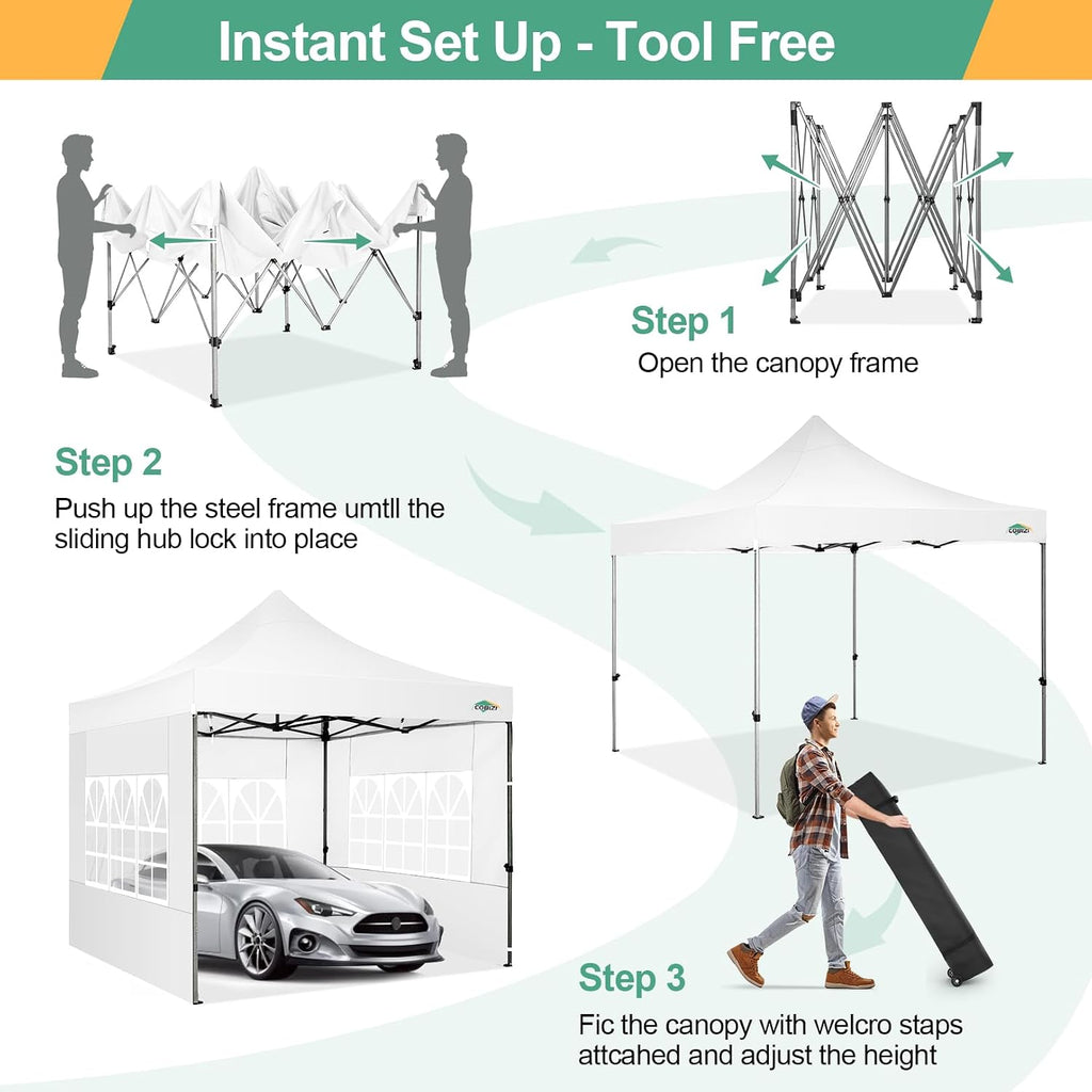 COBIZI 10x10 Pop Up Canopy with Sidewalls Heavy Duty Commercial Tent Easy Up Outdoor Canopy for Party, Wedding, Event and Backyard, All Season Windproof&Waterproof with Roller Bag UPF 50+, White