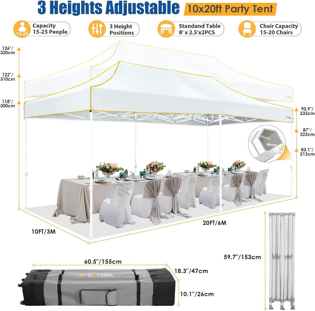 HOTEEL 10x20 Heavy Duty Pop up Canopy Tent with 6 Sidewalls, Easy Setup Outdoor Commercial Instant Gazebo for Parties Wedding Event, with Roller Bag & Sand Bags, White(Hexagonal Frame)
