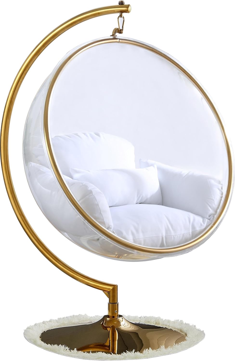 Meridian Furniture Luna Collection Modern | Contemporary Clear Acrylic Accent Swing Chair with Gold Metal Base and Durable Fabric Seat, 41.5' W x 29.5' D x 64' H, White