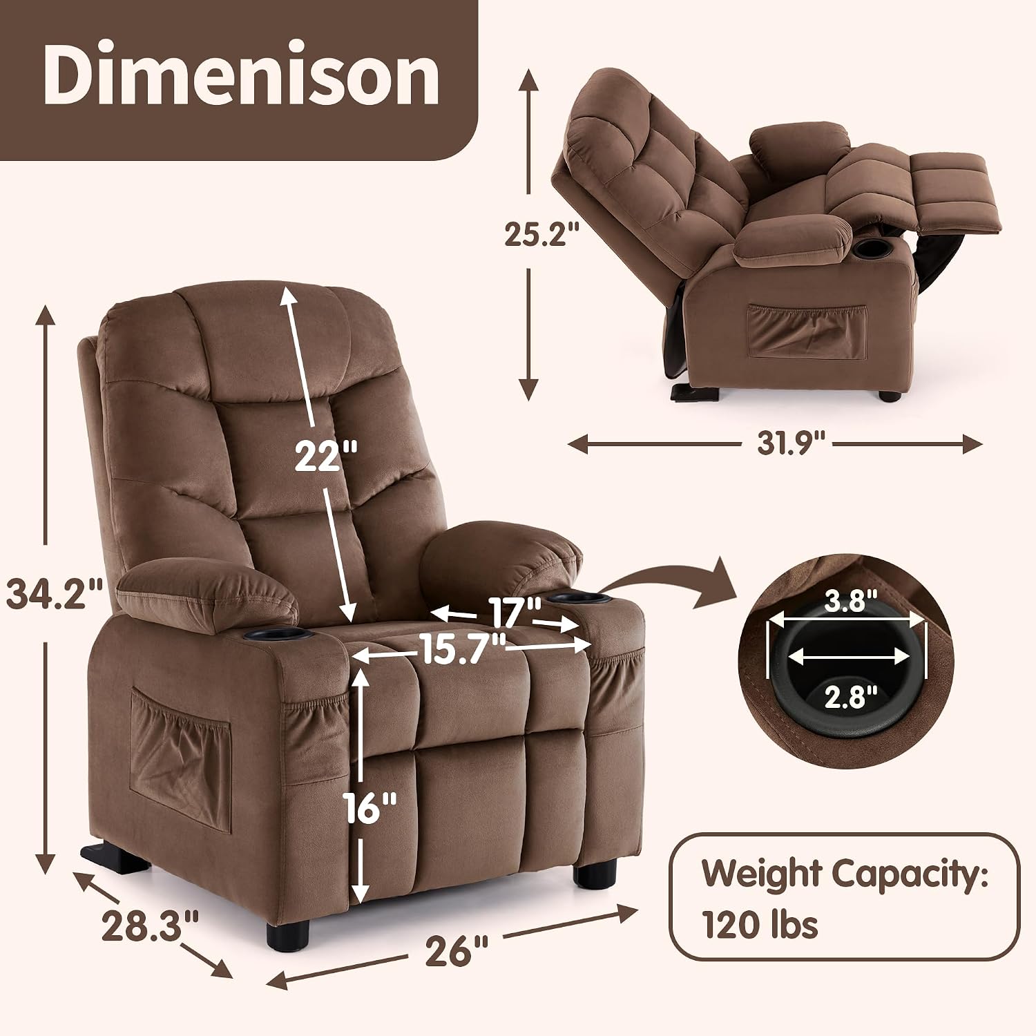 MCombo Big Kids Recliner for Ages 3+, Child Reclining Chair, Toddlers Recliner Sofa with Cup Holders (Velvet, Brown)