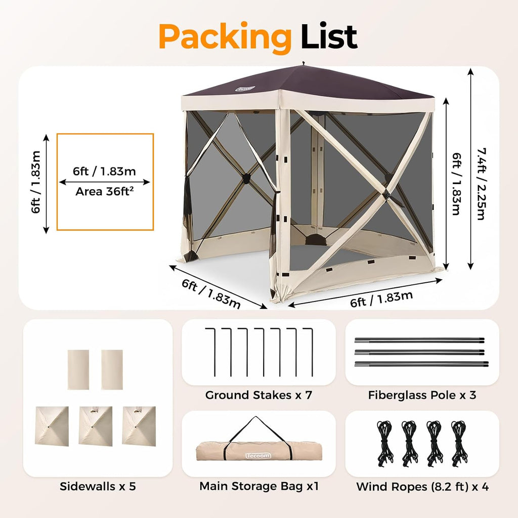 Tecoom 4-Sided Pop Up Gazebo Tent, Instant Screen House with Mosquito Netting Canopy for Camping, Waterproof & Removable Siedwalls, 6x6ft Portable Sun Shelterl for Outdoor, Garden, Backyard