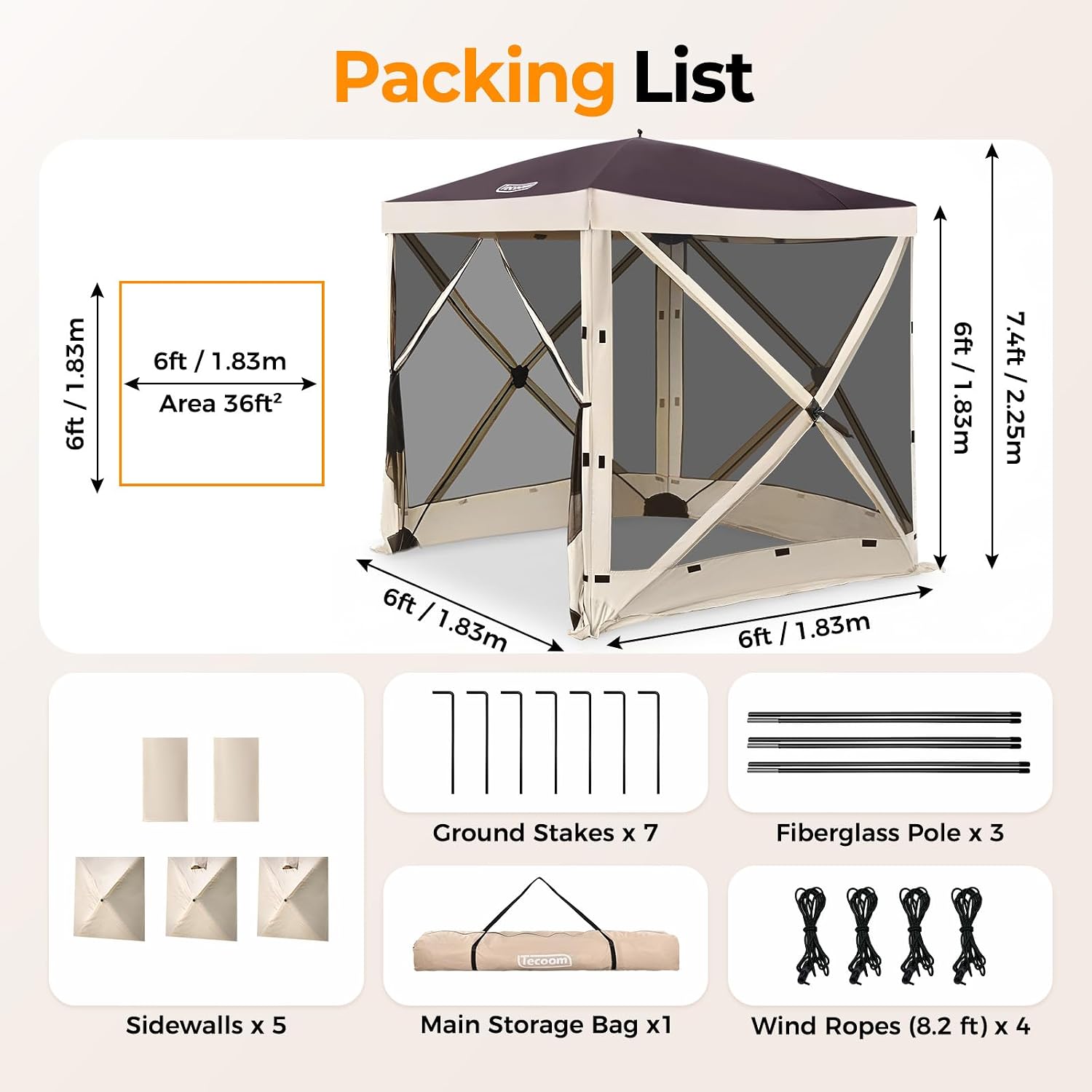Tecoom 6x6ft Pop Up Gazebo Tent, 4-Sided Canopy Shelter Tent with Mesh Windows for Camping, Portable Large Shade Tents with Siedwalls, Carrying Bag and Stakes for Outdoor, Garden, Lawn, and Backyard