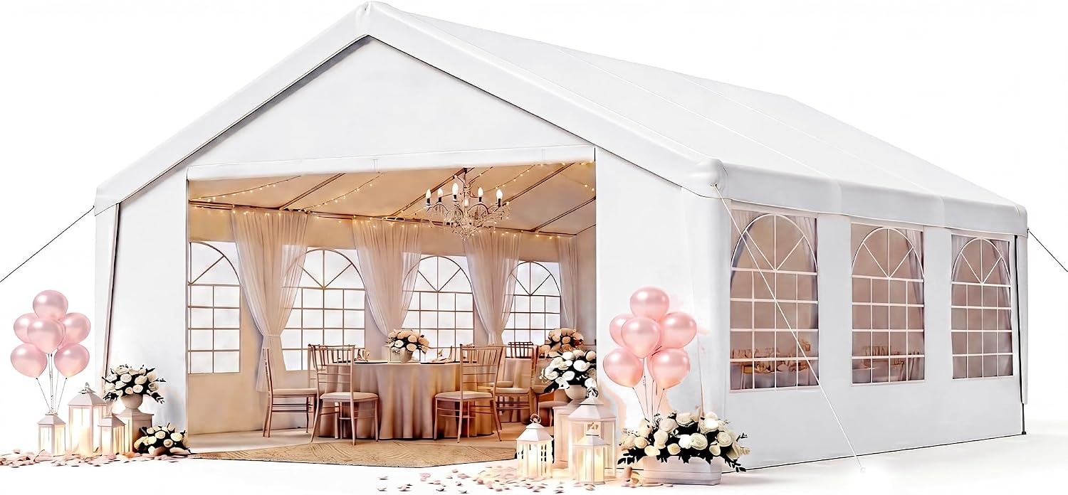 Aoxun 20x20 Party Tent Canopy for Weddings Waterproof Event Tent with Removable Sidewalls &Roll-up Door, Heavy-Duty Steel Frame for Outdoor Weddings, BBQ, Birthday Parties, & Camping,White