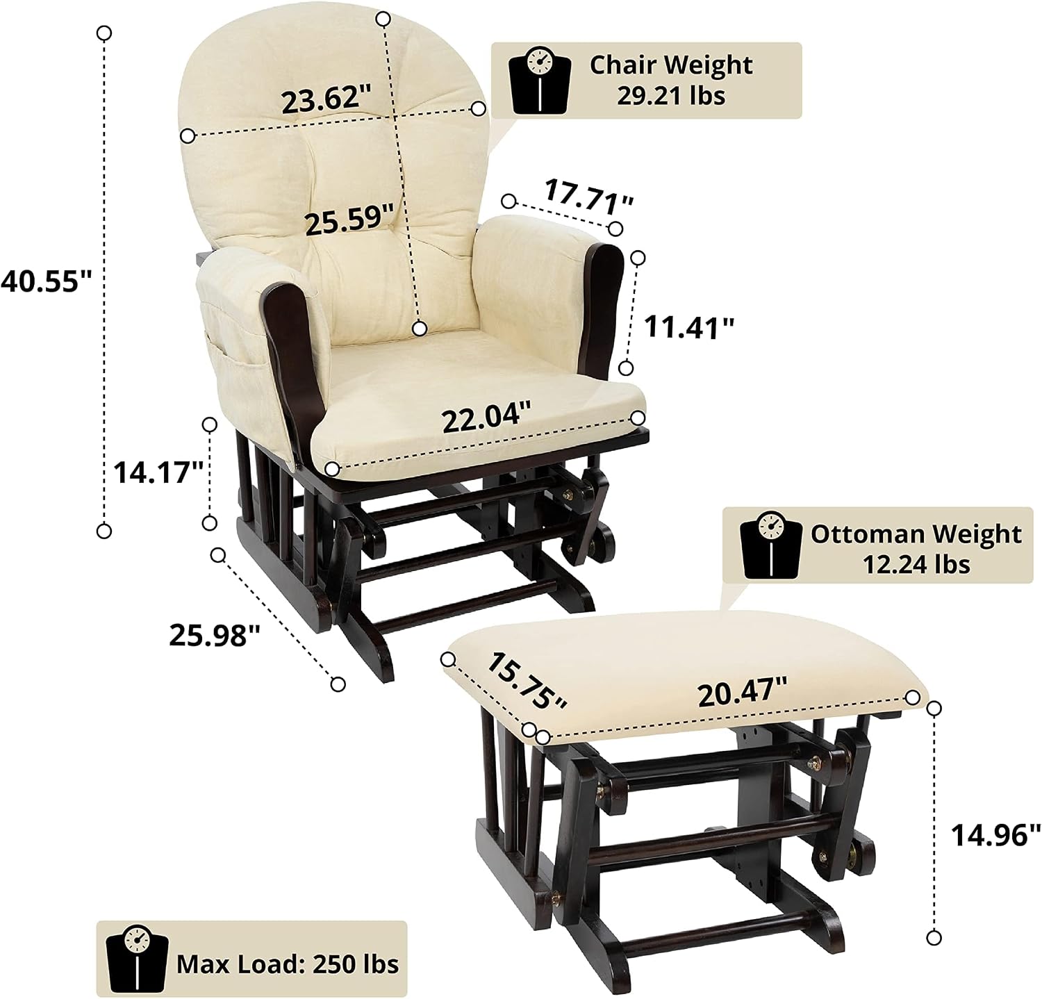 Naomi Home Brisbane Glider and Ottoman Set with Smooth Rocking & Gliding Motion, Ergonomic High-Back Support, Cushioned Armrests, Solid Wood Base, Storage Pockets, Espresso/Cream Nursery Chair