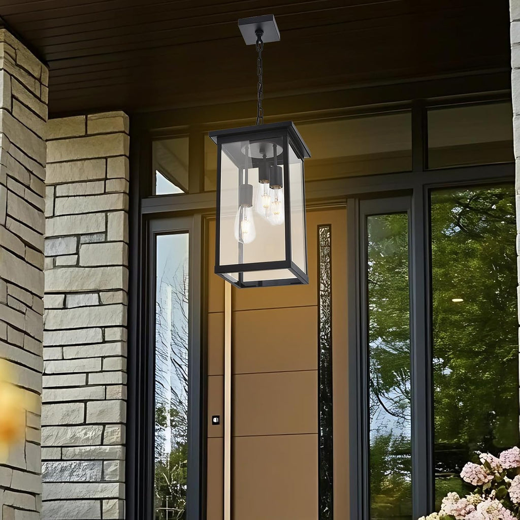 Yaohong 17'' Large Outdoor Pendant Light, 3-Lights Matte Black Exterior Hanging Lantern with Clear Glass, Outdoor Chandelier Ceiling Light Fixture for Porch, Patio, Gazebo, Entryway