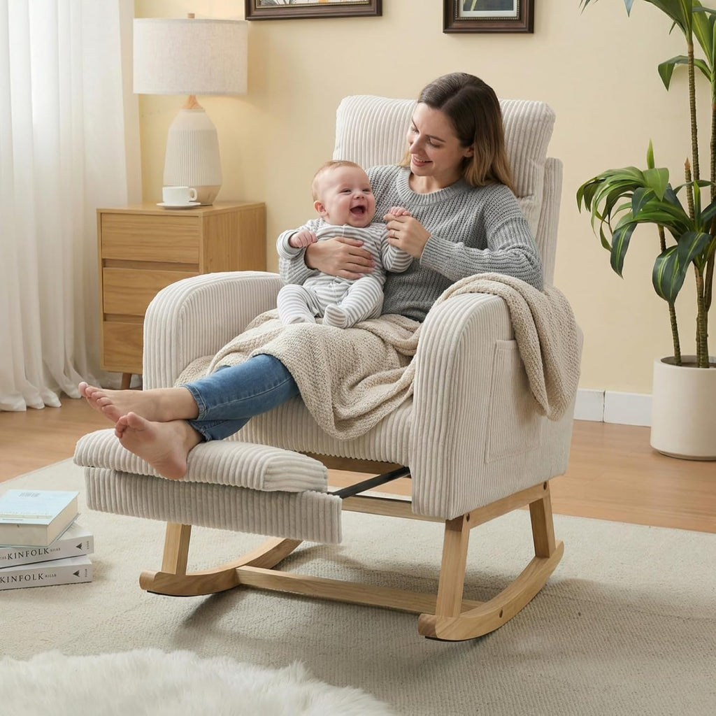 NIOIIKIT Nursery Rocking Chair, Corduroy Upholstered Rocking Chair with Adjustable Footrest, Tufted Rocker Chair with Side Pocket, Glider Rocker for Living Room (White Modern)