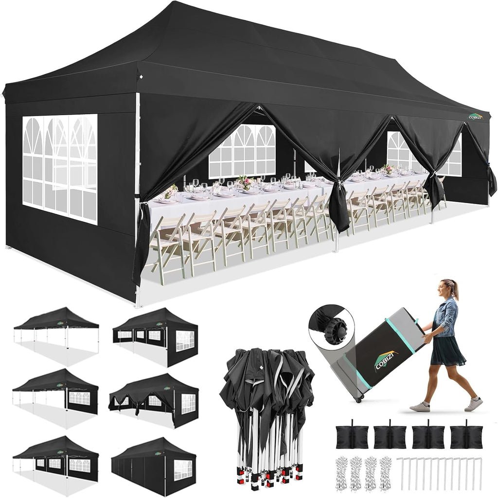 COBIZI 10x30 Pop up Canopy with 8 Removable Sidewalls & 4 Sandbags, Party Tent for Parties, Wedding, and Commercials, Waterproof and Instant Shelter UV50+ Ez Outdoor Canopy Tent with Roller Bag