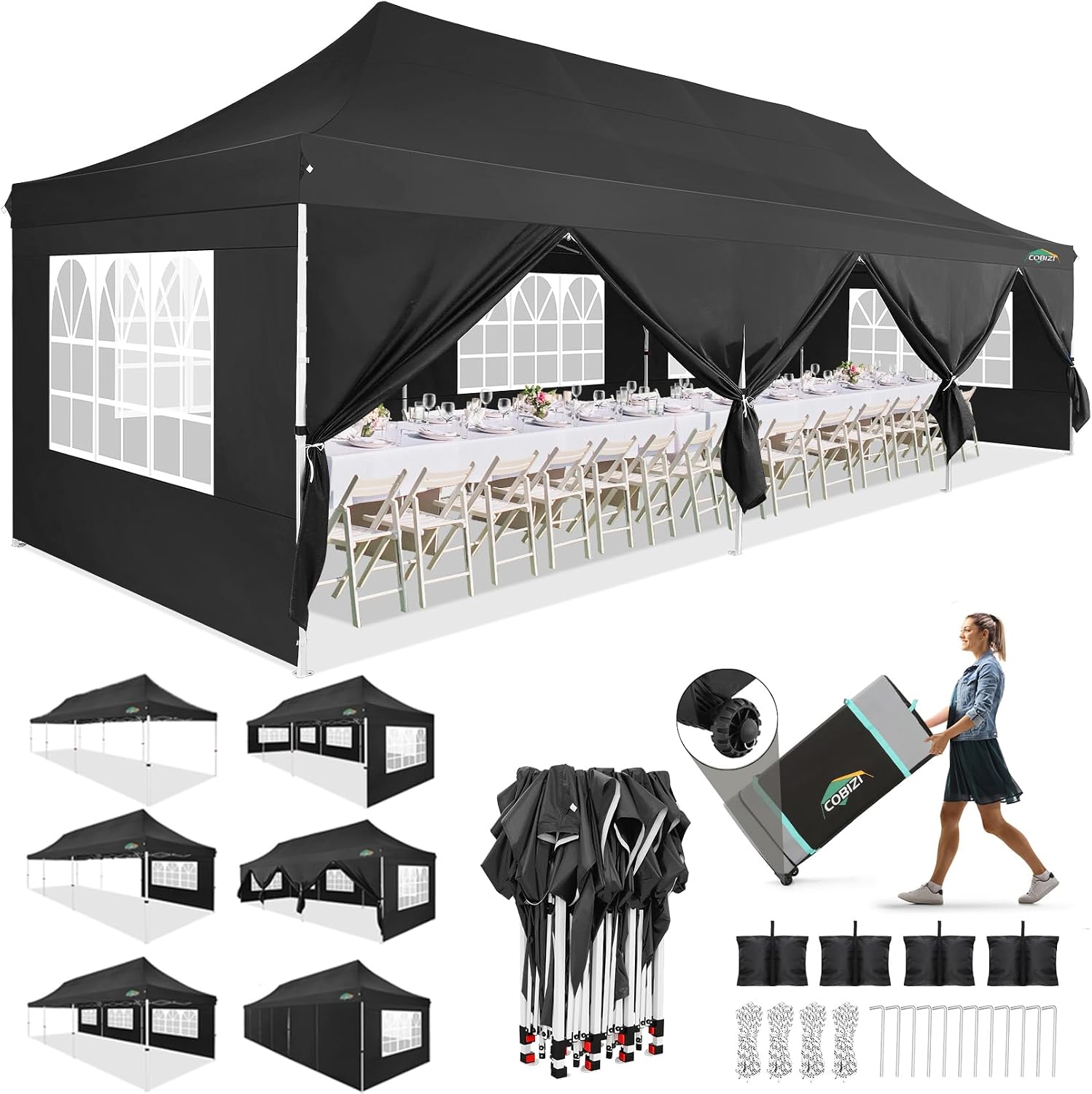COBIZI 10x30 Pop up Canopy with 8 Removable Sidewalls & 4 Sandbags, Party Tent for Parties, Wedding, and Commercials, Waterproof and Instant Shelter UV50+ Ez Outdoor Canopy Tent with Roller Bag