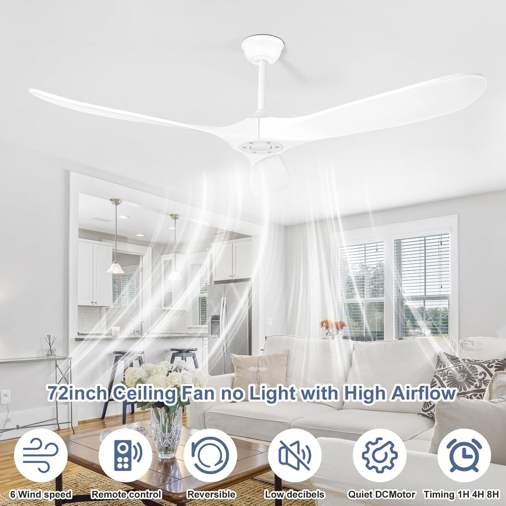 72 Inch Solid Wood Ceiling Fan without Light,3 Real Wood Blades,DC Motor Quiet and Reversible,Outdoor Ceiling Fan for Garage,Patio,Farmhous (white)