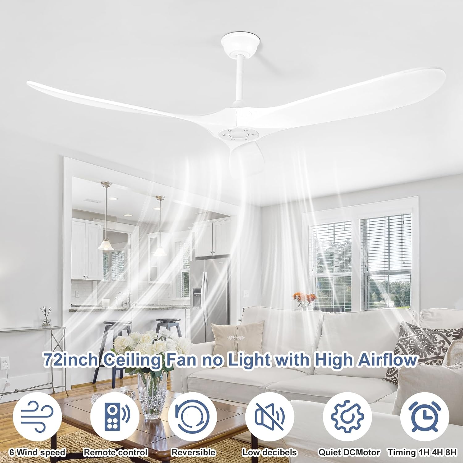 72 Inch Solid Wood Ceiling Fan without Light,3 Real Wood Blades,DC Motor Quiet and Reversible,Outdoor Ceiling Fan for Garage,Patio,Farmhous (white)
