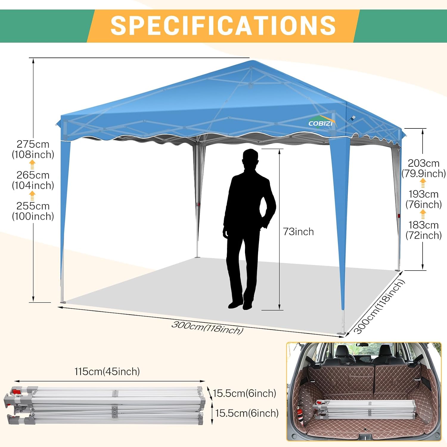 COBIZI 10x20 Heavy Duty Pop up Canopy Tent with 6 sidewalls Easy Up Commercial Outdoor Wedding Party Tents for Parties All Season Wind & Waterproof Gazebo Roller Bag, Sky Blue(Frame Thickened)